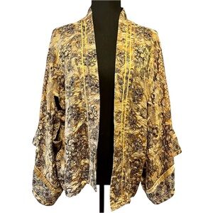 Chico's Gold and Black Silk Blend Brocade beaded Kimono Jacket NWOT